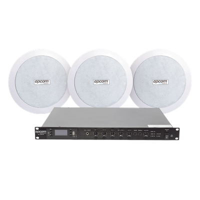 Kit de Amplificador de 120W RMS para Rack / Salida 100V/4Ω / 3 Altavoces de Plafón Coaxiales 5.5″ / Sistema 70/100V / Bluetooth, MP3, USB, FM / 4 Entradas de Micrófono / Resistente a Humedad