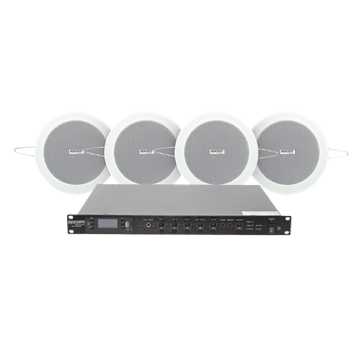 Kit de Sonido Ambiental / Amplificador 120W RMS / 4 Altavoces de 4in / Sistema 70/100V / Bluetooth y MP3 / Falso Techo