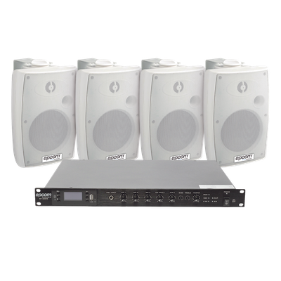 Kit Amplificador de Audio para Rack / 120W RMS / 4 Altavoces de Pared IP54 / Sistema 70/100V / 4 Entradas Micrófono / Bluetooth MP3 Tuner USB