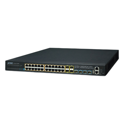 Switch Administrable Stacking Capa 3 / 24 Puertos PoE+ Gigabit / 4 SFP+ 10G / 370W PoE Total / 128 Gbps Throughput