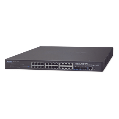 Switch Administrable Capa 3 / 24 Puertos Gigabit Ethernet / 4 Puertos 10G SFP+ / Apilable / 128 Gbps / 10 km Fibra