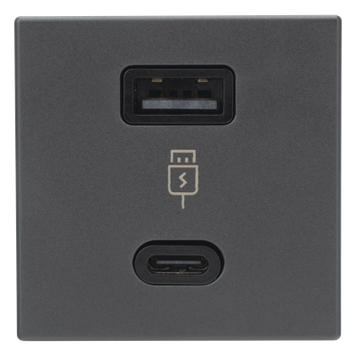 Módulo de Carga USB Doble / 30W PD+QuickCharge / USB-A + USB-C / 45×45 mm / Grafito