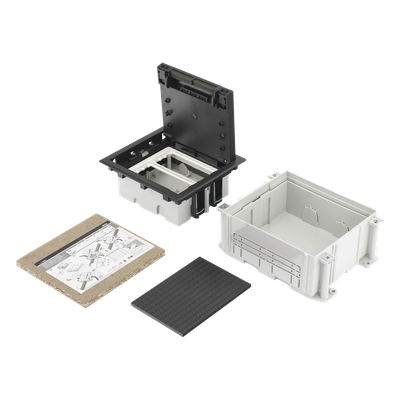 Caja de Suelo / 2 Módulos Dobles K45 / Profundidad Ajustable 70-100 mm (2.76-3.94 in) / Carga 1400 kg / Resistencia Térmica 125 °C / Antillama 850 °C / Registro para Concreto