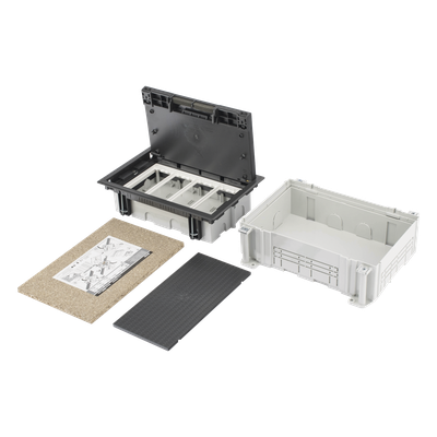 Caja de Pavimento / 4 Módulos / Profundidad Ajustable 70-100 mm (2.76-3.94 ft) / Carga 1300 kg / Resistencia 850°C / Incluye Cubeta y Embellecedor