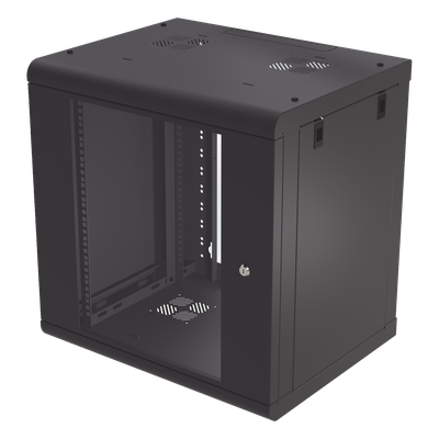 Gabinete de Pared de 12U con Puerta de Cristal Templado, 479.5 mm de Profundidad, Rack de 19», Acero Reforzado Color Negro.