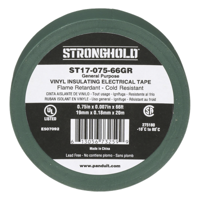 Cinta Aislante Eléctrica / PVC 0.18 mm / 19 mm x 20.12 m (66 ft) / 600V / -10°C a 80°C / Verde