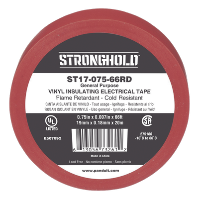 Cinta Aislante Eléctrica / PVC 0.18 mm / 19 mm Ancho / 20.12 m (66 ft) Largo / 600V / -10°C a 80°C / Rojo