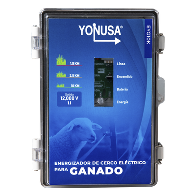 Energizador para Cercas Electrificadas / 10,000 V / 2 Joules / 25 km (82,020 ft) / Alimentación Solar 12 V / Batería Respaldo 3 Días