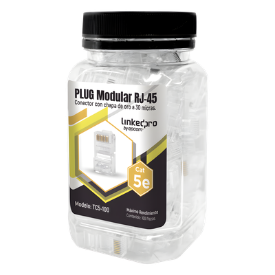 Bote de 100 Conectores RJ45 Cat5e / Sin Blindaje / Chapado Oro 30 Micras / 24 AWG / TIA-568B.2
