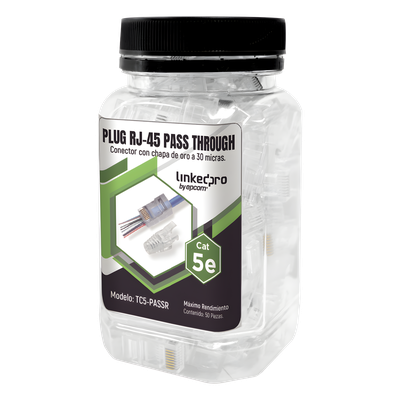 Plugs Pass-Through RJ45 / Cat5e / Sin Blindaje / Alivio de Tensión Integrado / Chapado Oro 30 Micras / 24 AWG / TIA-568B.2