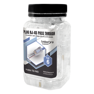 Bote de Plugs Pass Through RJ45 Cat6 / 100 Piezas / Sin Blindaje / Chapado Oro 30 Micras / Diseño Monopieza