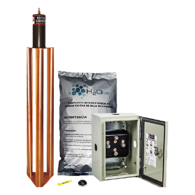 Kit de puesta a tierra / 100 A / Electrodo de cobre electrolítico / Acoplador 1500 A NEMA 4 / Filtro LCR / Compuesto mejorador