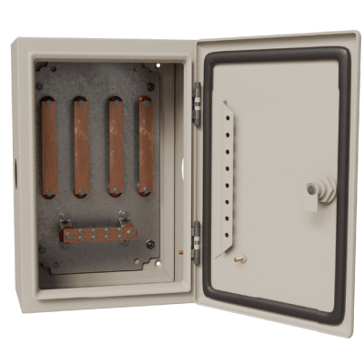 Gabinete de Distribución Eléctrica / 940 A / 4 Soleras de Cobre / 100 x 80 x 30 cm (39.4 x 31.5 x 11.8 in) / Acero al Carbono / Terminales 5/16′