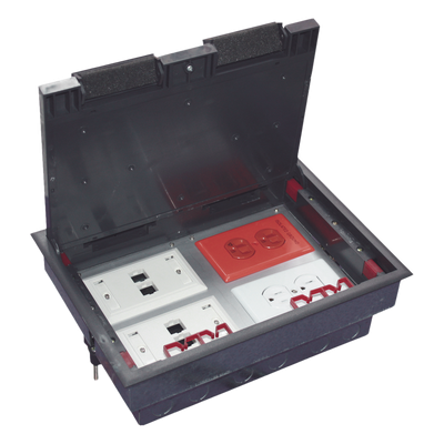 Caja de Piso / 4 Módulos Universales / ABS y Acero Galvanizado / 1.957 kg / 6.42 lb / Negro