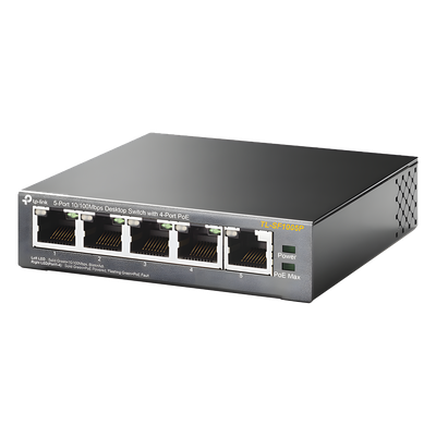 Switch PoE no administrable / 5 puertos Fast Ethernet / 4 puertos PoE 802.3af/at / Presupuesto 67 W / Alcance 250 m (820 pies) / Prioridad de video