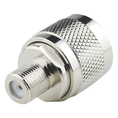 Adaptador Coaxial RF / N Macho a F Hembra / Montaje en Línea / Bronce Niquelado / Contacto Oro / Teflón / -20℃ a 80℃