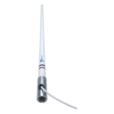 Antena Marina VHF / Fibra de Vidrio / 156-163 MHz / 6 dBi / 2.4 m (7.9 ft) / Cable 10 m (32.8 ft) / Base Acero Inoxidable