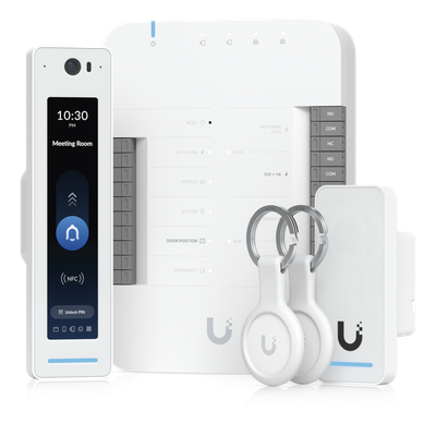 Kit de Control de Acceso IP / 1 Puerta / 2 Lectores NFC / Pantalla Táctil / Audio Bidireccional / Cámara Integrada / PoE
