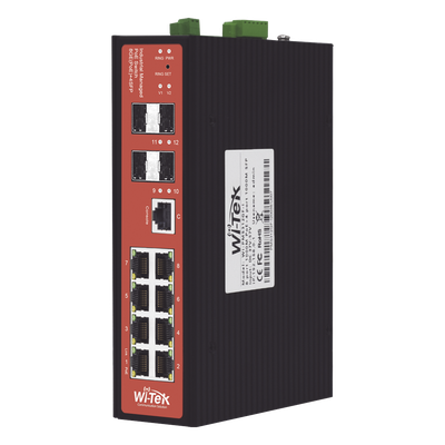 Switch PoE Industrial Administrable / 8 Puertos Gigabit + 4 SFP / PoE Mixto 24V/48V / 802.3af/at/bt 60W / Protección 8kV / Riel DIN / -40°C a 80°C