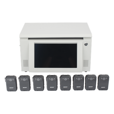 Kit Estación de Descarga para Bodycam / 8 Unidades / Pantalla Táctil 12 Pulgadas / Almacenamiento 36 TB / Ethernet FTP / 4G / 4K UHD