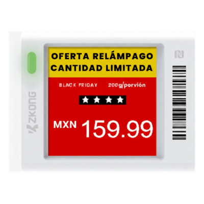 Etiqueta Electrónica de Estantería / Pantalla EPD 1.5″ / 152×152 Píxeles / 4 Colores / BLE 5.0 con AES-128 / Autonomía 3 Años / NFC / 180° Visión