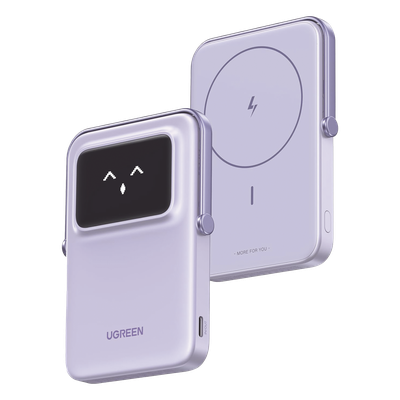 Power Bank Inalambrico | 5000mAh | 7.5W  |  Con Emojis de Estado | Carga Rápida USB-C Bidireccional  | Pantalla TFT  Inteligente | 13 niveles de Proteccion | Con Holder | Color Purple.