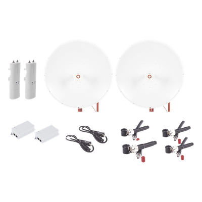 Kit Radio Punto a Punto / 500 Mbps / Antena Parabólica 34 dBi / Alcance 65 km (213.3 ft) / Frecuencia 4.9-6.5 GHz / PoE 24V