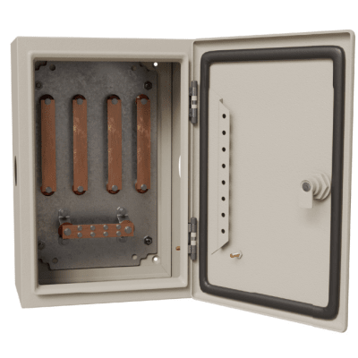 Gabinete de Distribución Eléctrica / 940 A / 4 Soleras de Cobre / 100 x 80 x 30 cm (39.4 x 31.5 x 11.8 in) / Acero al Carbono / Terminales 5/16′