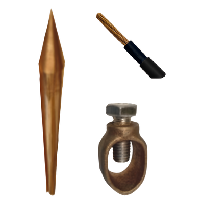 Kit de Puesta a Tierra / Varilla 5/8″ x 1.5 m (4.9 ft) / Cable 6 AWG 10 m (32.8 ft) / Conector de Bronce / Aprobación UL 4703